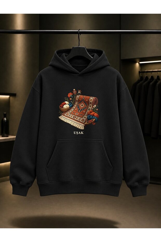 Uşak Halısı Printed Unisex 100% Cotton Hooded Sweatshirt