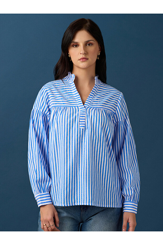 Blue Striped Long Sleeve Blouse for Women - V-Neck Comfort Fit
