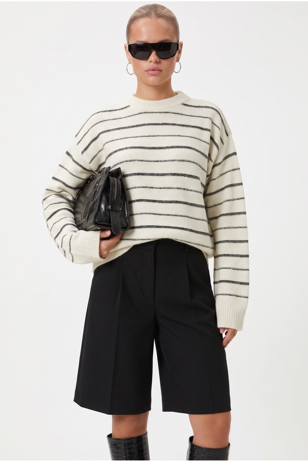 Women's New Josephin Striped Cream Knitwear Sweater