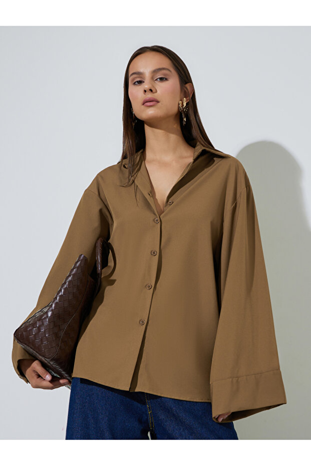 Khaki Solid Bell Long Sleeves Oversized Shirt