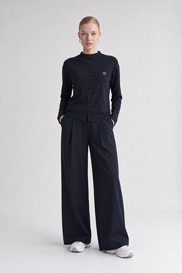 Hakim Collar Front Buttoned Blouse Navy Blue