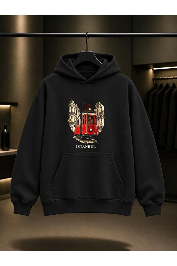 Istanbul Istiklal Tram Printed Unisex 100% Cotton Hooded Sweatshirt