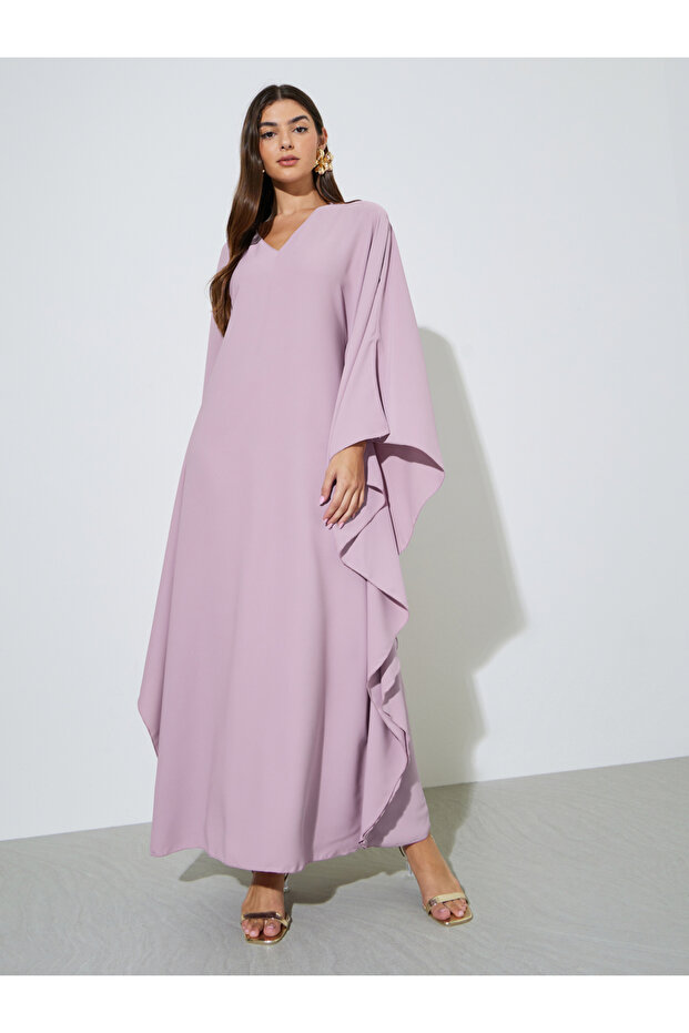 Purple Solid Batwing Sleeves V-Neck Maxi Kaftan