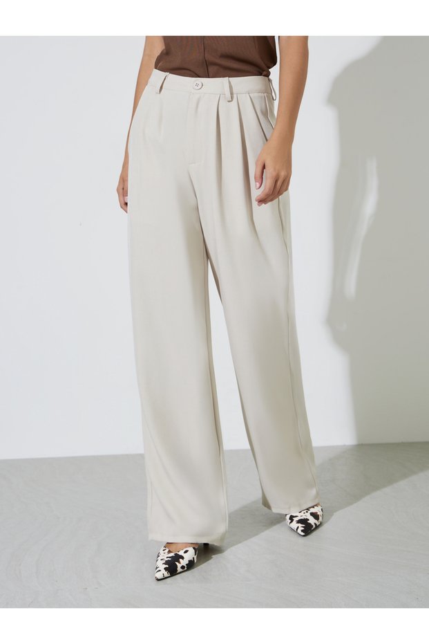 Beige Wide Leg Pleated Pants