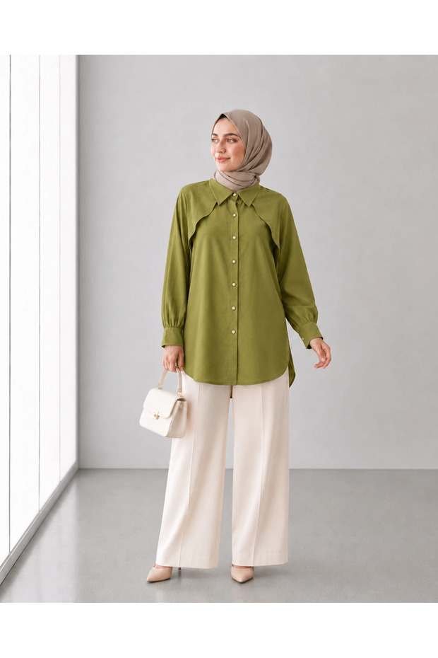 Cape Detailed Stone Buttoned Shirt