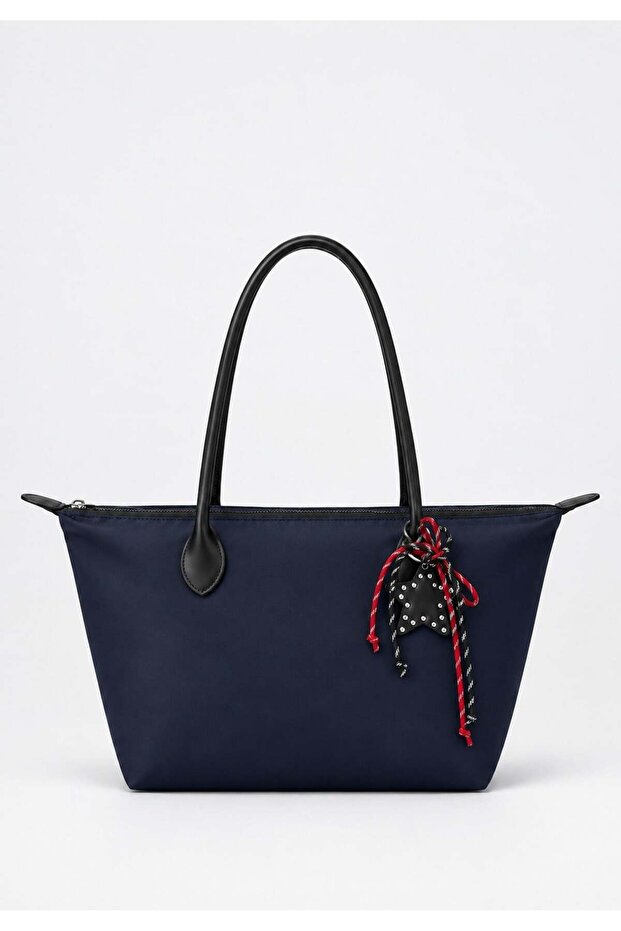 Navy Blue Women's Decorated Zippered Shopper Shoulder Bag