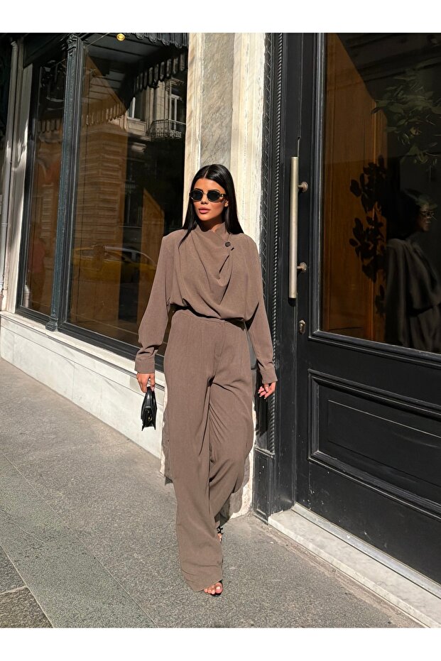 Women's Mink Draped Blouse and Pants Two-Piece Set