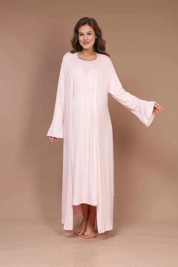 Cotton Double-Breasted Breastfeeding Detailed Wide-Sleeve Maternity and Postpartum Long Nightgown Set