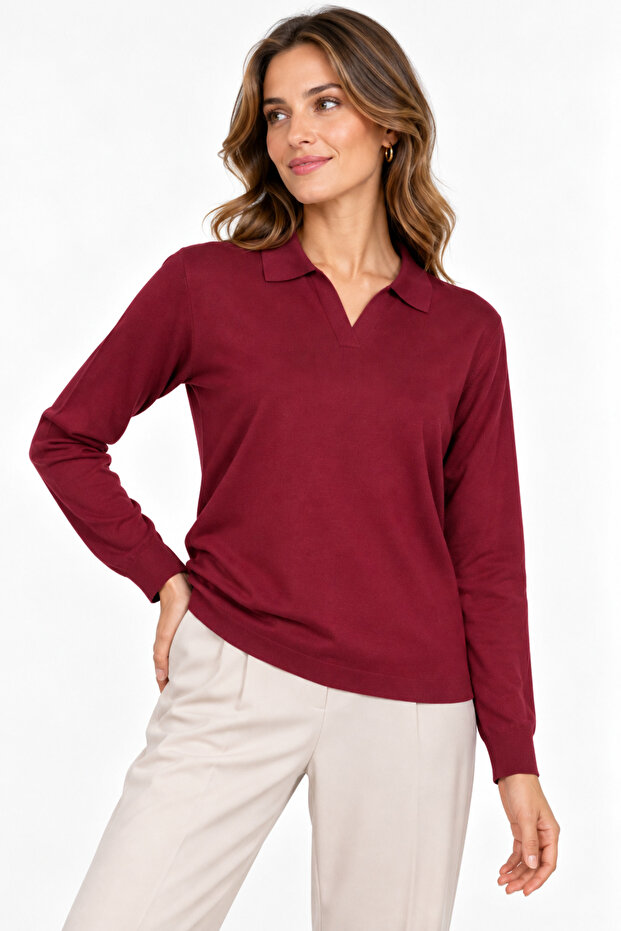 Women's Polo Collar Basic Plain Blouse Burgundy
