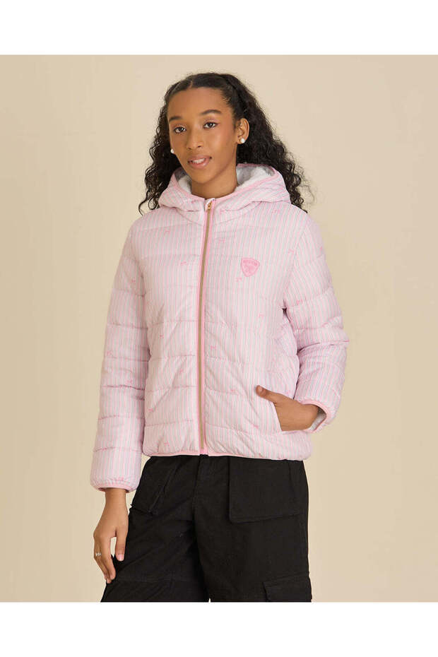 Men Pink Striped Bow Basic Puffer Jacket