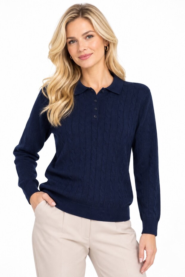 Women's Polo Collar Hair Braided Knitwear Sweater K.Navy Blue