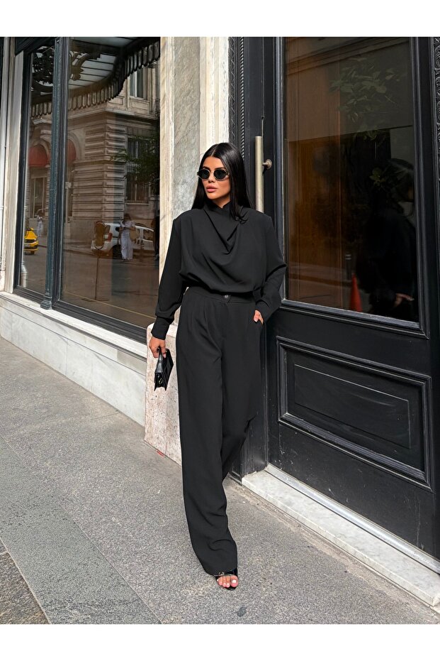 Women's Black Draped Blouse and Pants Two-Piece Set