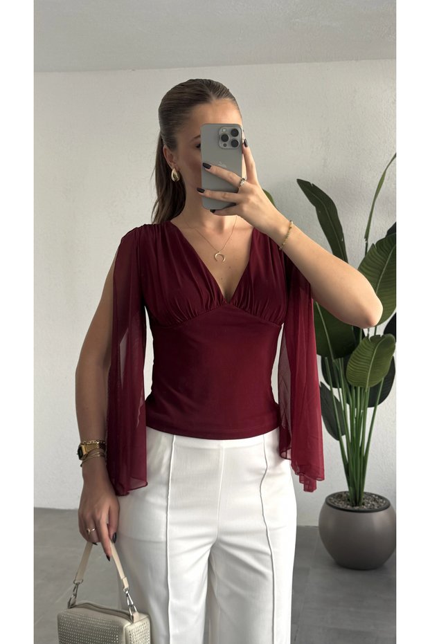 Women's Burgundy V-Neck Chiffon Sleeve Slit Detailed Gathered Spanish Sleeve Stylish Blouse