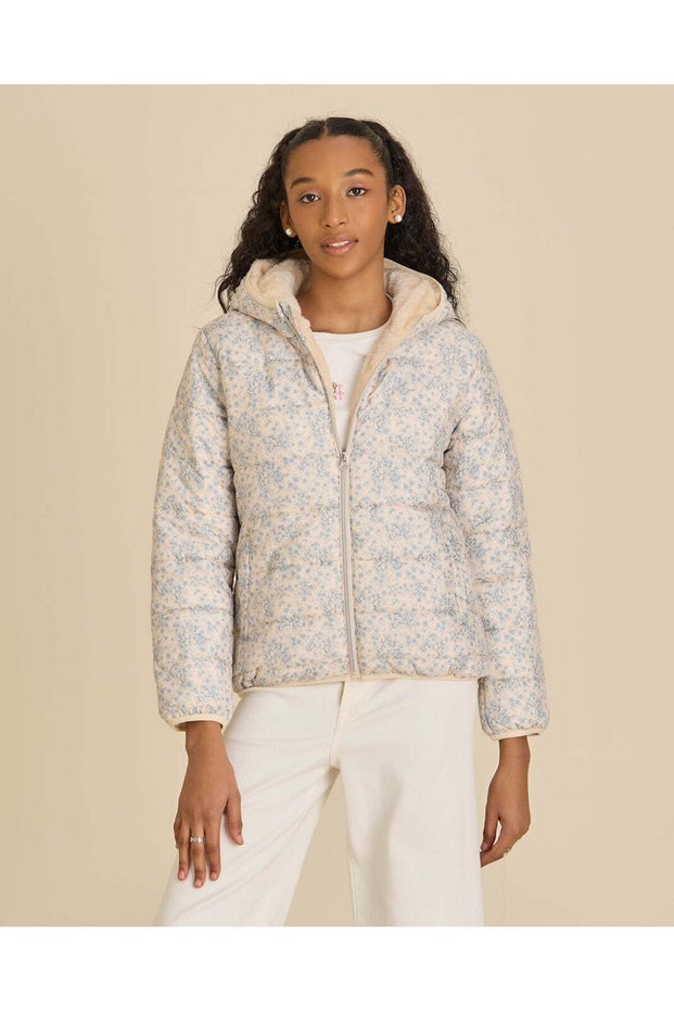 Men Light Blue Floral Basic Puffer Jacket