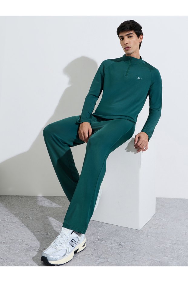 Dark Green Solid Half Zip Long Sleeves Top and Track Pants Active Set