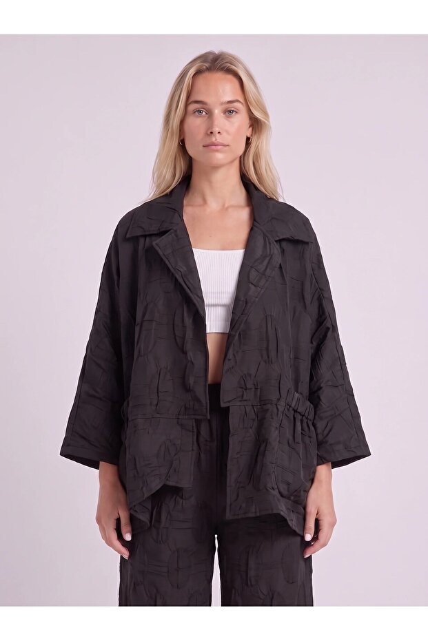 Women's Black Patterned Jacquard Asymmetrical Cut Jacket