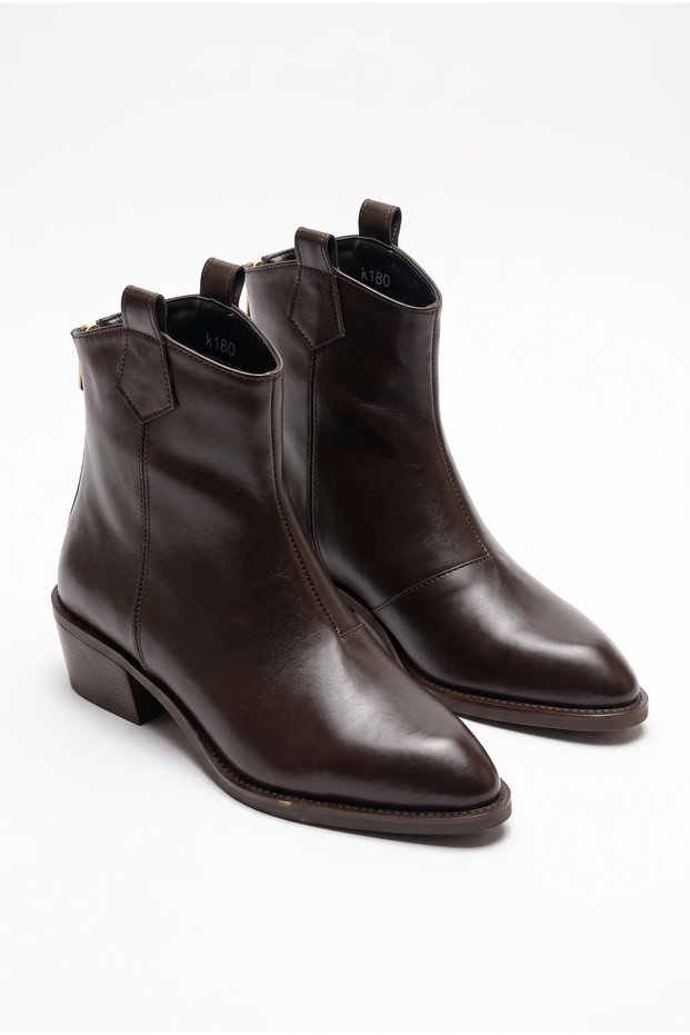 Women's Pointed Toe Block Heeled Zippered Cowboy Western Ankle Boots - Lavia - Brown Epson