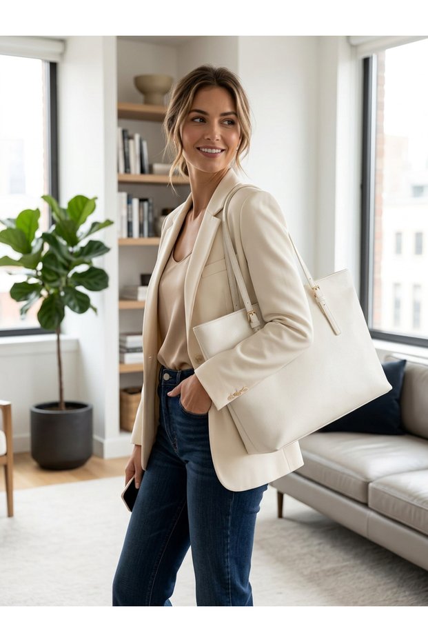 Women's White Color Wrinkled Leather Shoulder Bag Stylish Design Daily Use Large Size Zippered Tote Bag