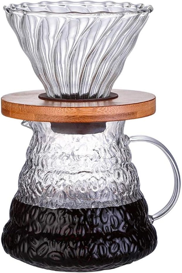 طقم صنع القهوة بالتقطير V60، وعاء تقديم القهوة سعة 600 مل مع فلتر زجاجي أنيق