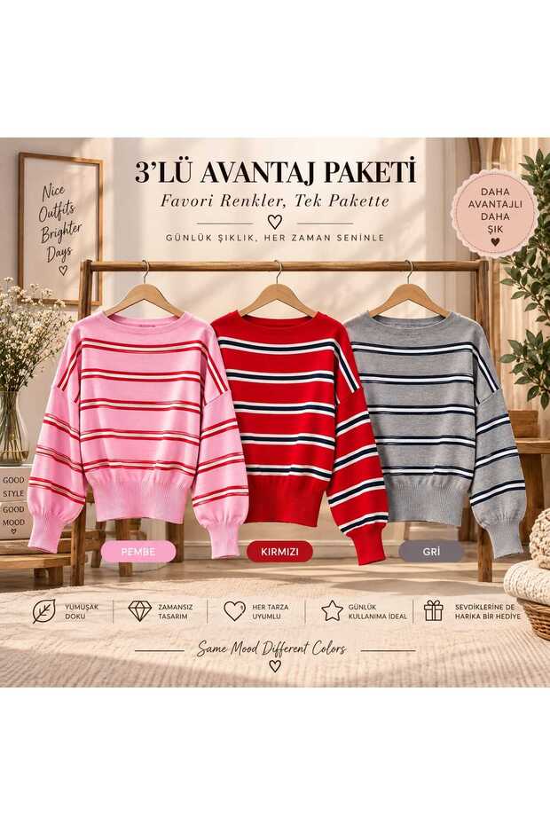 Lovebenti̇ Women's 3-Piece Advantageous Package Striped Knitwear Sweater