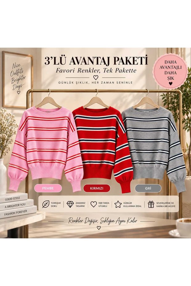 Lovebenti̇ Women's 3-Piece Advantageous Package Striped Knitwear Sweater