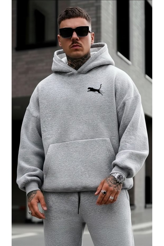 Men's Minimal Leopard Print Design Trendy Oversize Hooded Sweatshirt Relaxed Fit Casual Sports