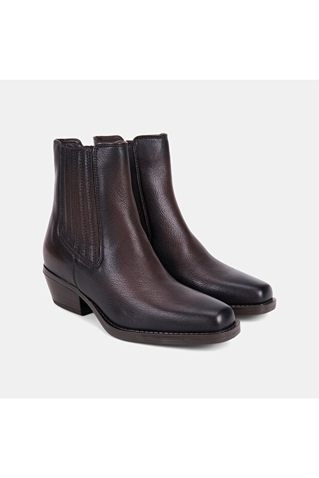 Women's Brown Flexible Paneled Zippered Heeled Leather Boots