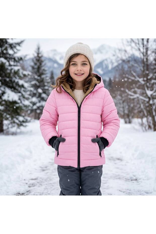Girl's Straight-Line Striped Water and Wind-Proof Fur-Lined Coat
