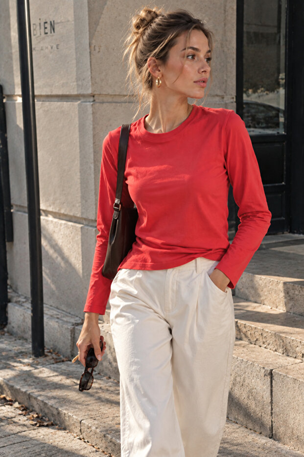 Women's Coral Crew Neck Long Sleeve Cotton Bodysuit