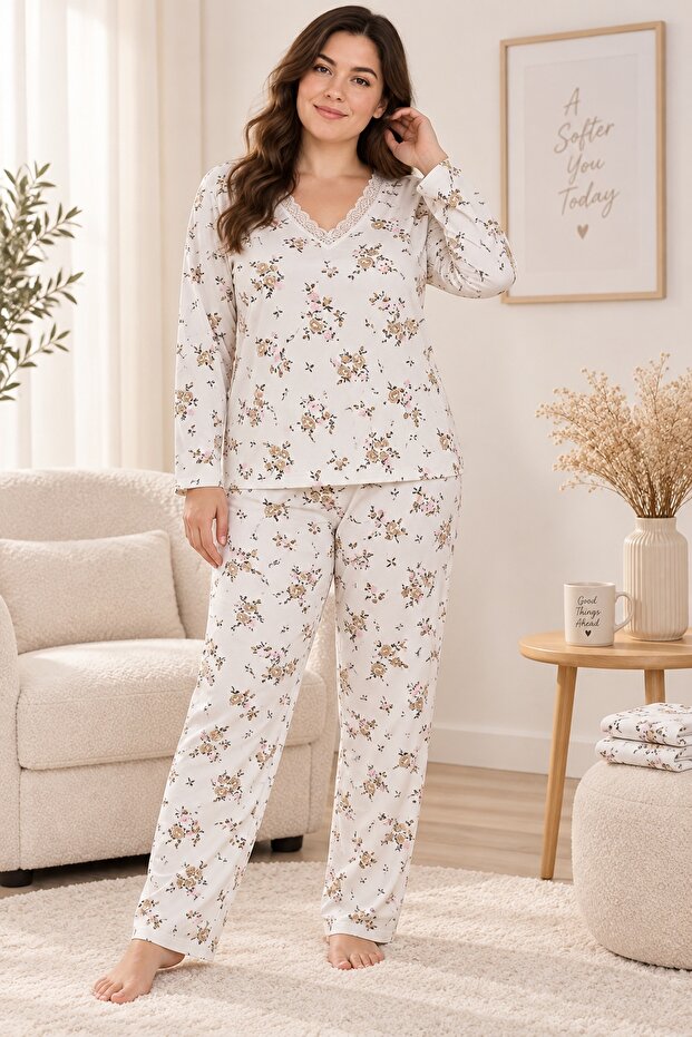 Mother's Pajama Set Winter, Ribbed, V-Neck, Long Sleeve, 100% Combed Cotton, 30/2 Combed, Without Pockets, Brown & Pink