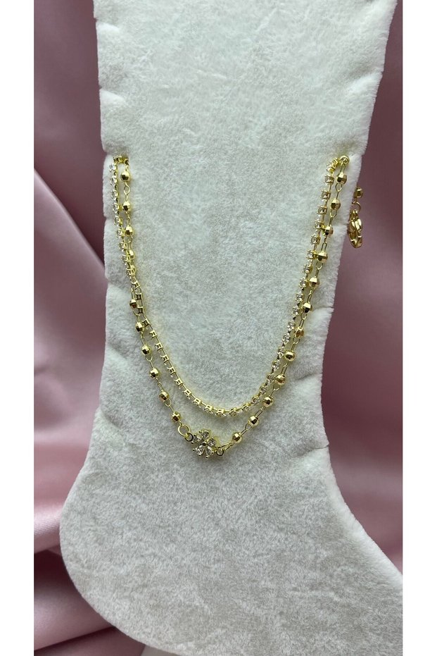 Floral Detailed Gold Anklet with Stones and Double Chain.26Hal52