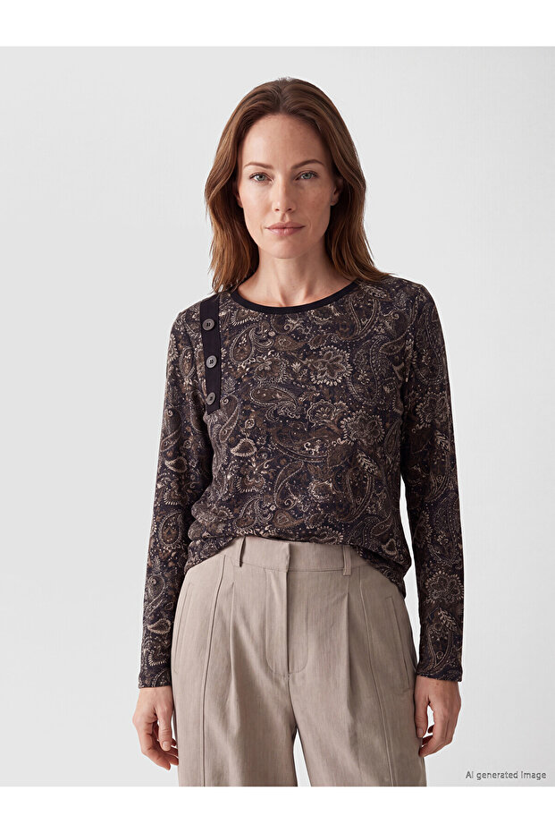 Two Mt Shop Quality Lcw Grace Brown Patterned Standard & Regular Long Sleeve Women's T-Shirt