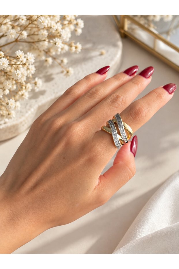 Women's Double Color Stone Statement Ring – Gold Silver Color Stylish and Glamorous Ring