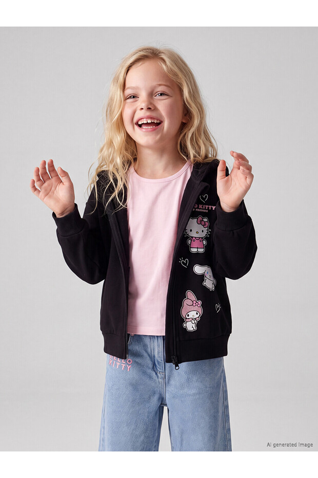 Alita City Lcw Kids Black Printed Standard & Regular Girls' Zip-Up Sweatshirt with a Difference