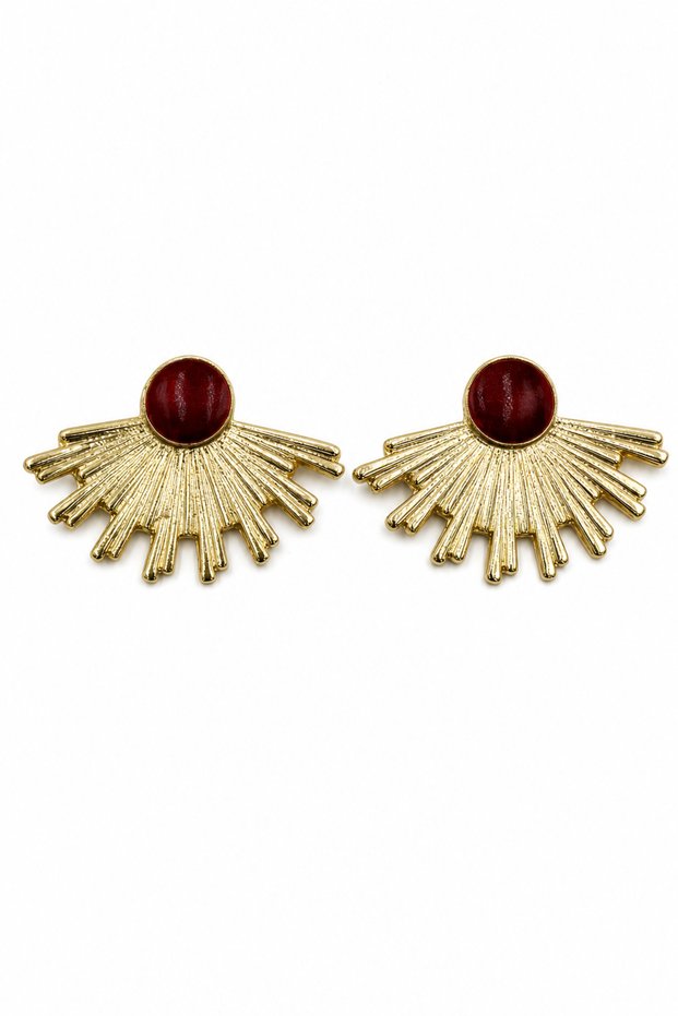 Yellow Color Burgundy Stone Detailed Sunbeam Patterned Bijouterie Earrings