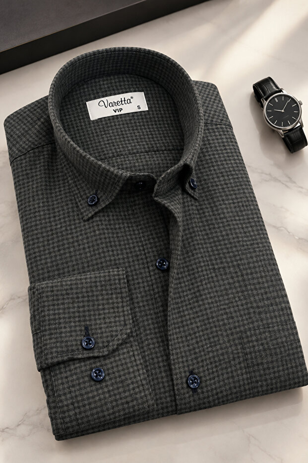 Men's Green Checkered Winter Shirt Woolen Wide Cut Classic Cut Single Pocket Long Sleeve