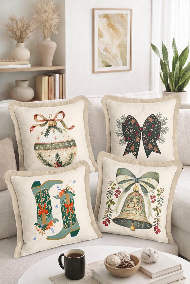 New Year's 4-Piece Fringed-Tasseled Throw Pillow Cover Set with Bow, Bell, Stocking, and Ornament Patterns