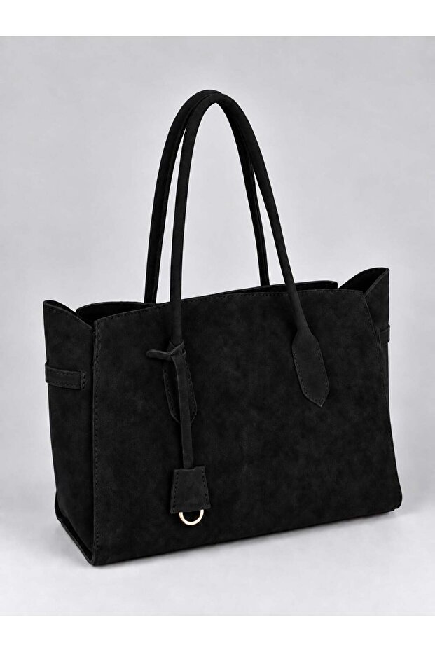 Black Suede Women's Shoulder Bag with Zippered Interior Compartment Shopper Model