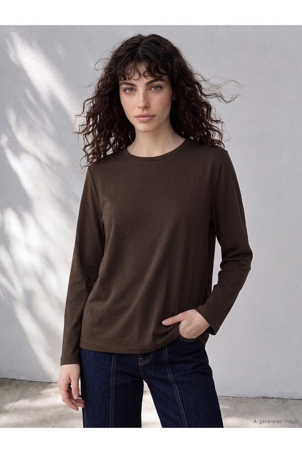 Two Mt Shop Quality Lcw Petite Brown Combed Cotton Plain Loose & Baggy Long Sleeve Women's T-Shirt