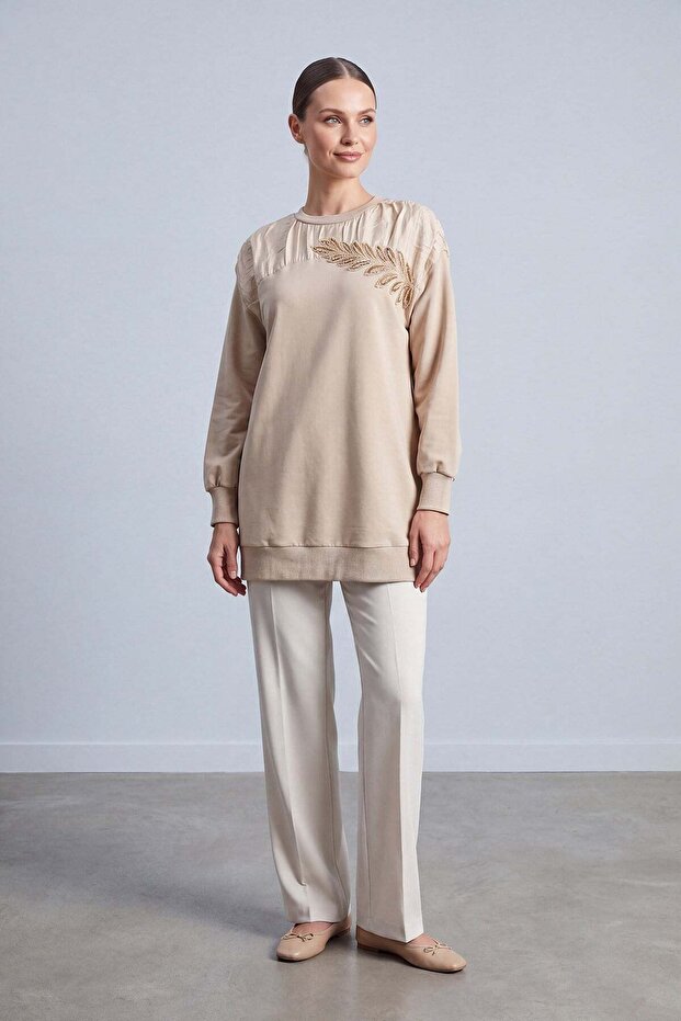 Leaf Sequined Gathered Shoulder Detail Tunic Dark Beige 10817