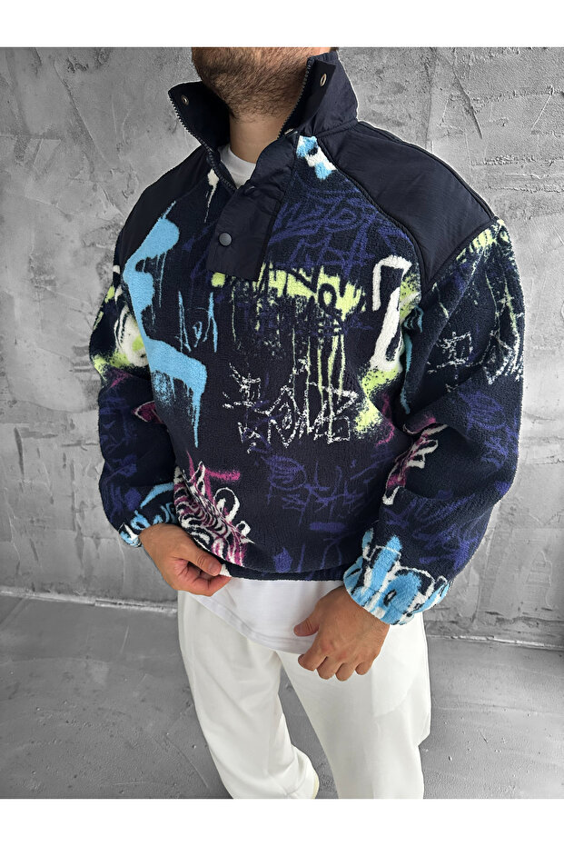 Navy Blue Graffiti Patterned Oversize Plush Sweatshirt with Half Zipper