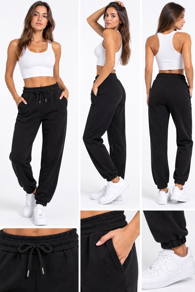 Women's 3-Thread Ribbed Sweatpants (Puff Fabric) with Lace-Up Waist and Elastic in Smoked Gray, Black, Brown, and Stone Colors