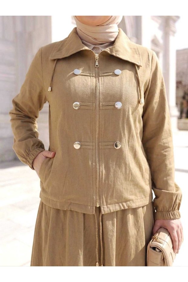 Turn-Down Collar Lace-Up Jacket with Chinese Button Stitching Detail and Elastic Waist Skirt Two-Piece Set