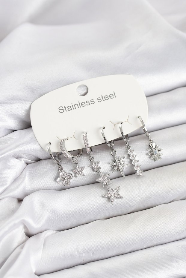 316L Steel Silver Color Zircon Stone Star Detailed Women's Earring Set