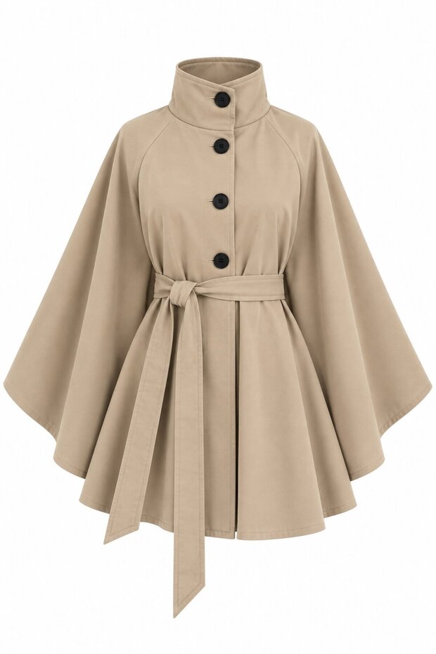 Beige Belted Cape Trench Coat - 3405