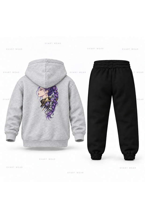 Kpop Demon Hunters Rumi Profil Printed Children's Hooded Tracksuit Set