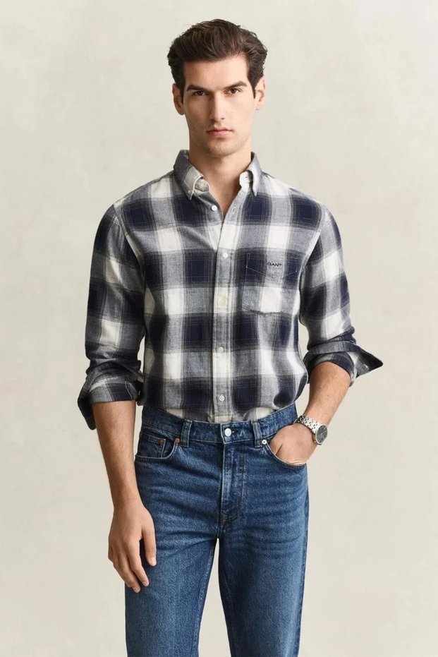 Men's Navy Blue Checkered Poplin Shirt