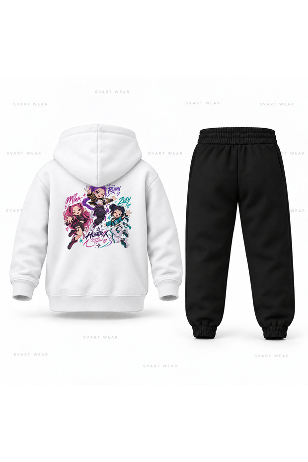 Kpop Demon Hunters Uclu Zipla Printed Children's Hooded Tracksuit Set
