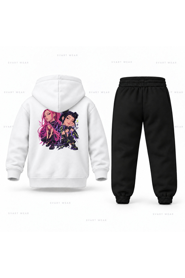 Kpop Demon Hunters Mira Zoey Pen Collage Printed Children's Hooded Tracksuit Set