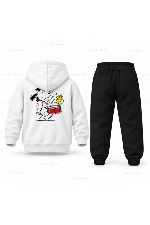 Snoopy Drum Rhythm Printed Children's Hooded Tracksuit Set